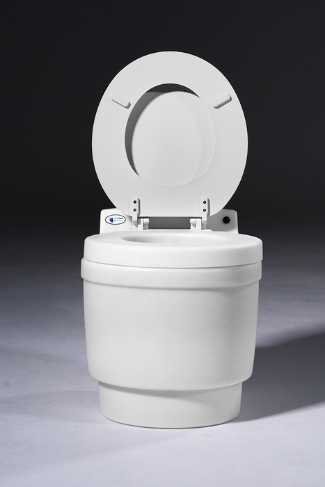 Laveo Dry Flush Opened, viewed from a front angle on Studio Background