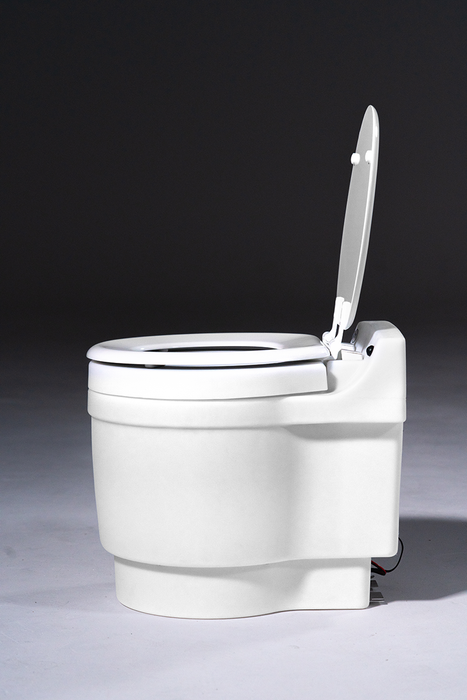 Laveo Dry Flush Open, viewed from a side angle on Studio Background